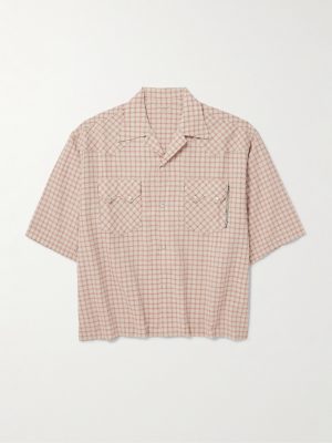 Camp-Collar Logo-Appliquéd Checked Cotton and Linen-Blend Seersucker Western Shirt