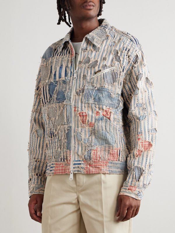 Boro Distressed Patchwork Cotton and Linen-Blend Zip-Up Jacket - FR