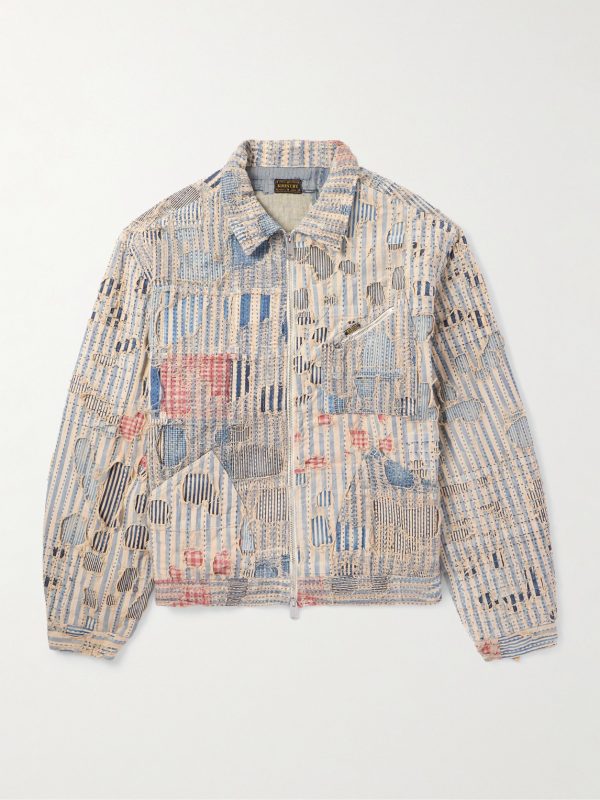 Boro Distressed Patchwork Cotton and Linen-Blend Zip-Up Jacket