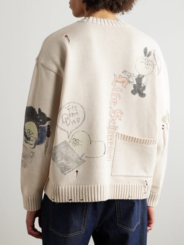 Distressed Printed Cotton Sweater - BK Distressed Printed Cotton Sweater - BK