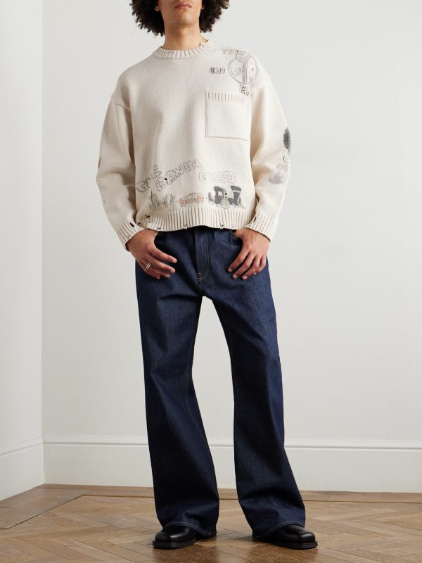 Distressed Printed Cotton Sweater - OU Distressed Printed Cotton Sweater - OU