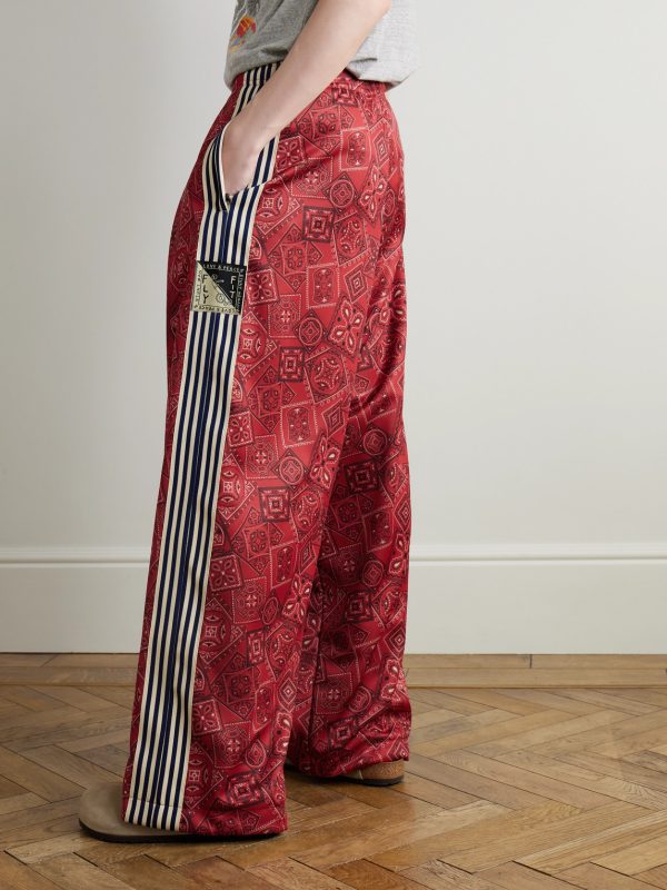 Wide-Leg Striped Webbing-Trimmed Bandana-Print Tech-Jersey Track Pants - BK