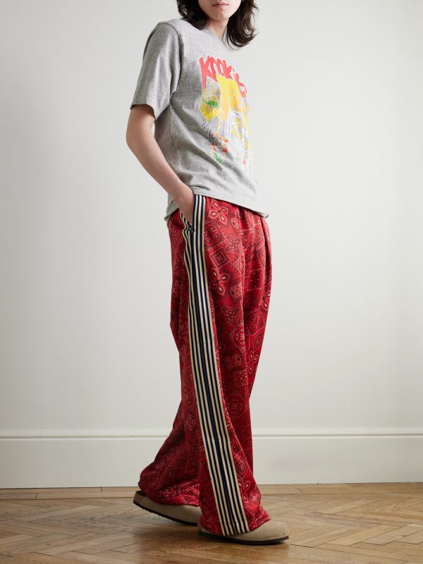 Wide-Leg Striped Webbing-Trimmed Bandana-Print Tech-Jersey Track Pants - OU