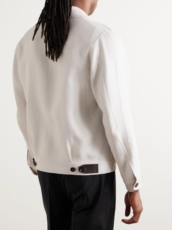 Leather-Trimmed Linen-Blend Bomber Jacket - BK
