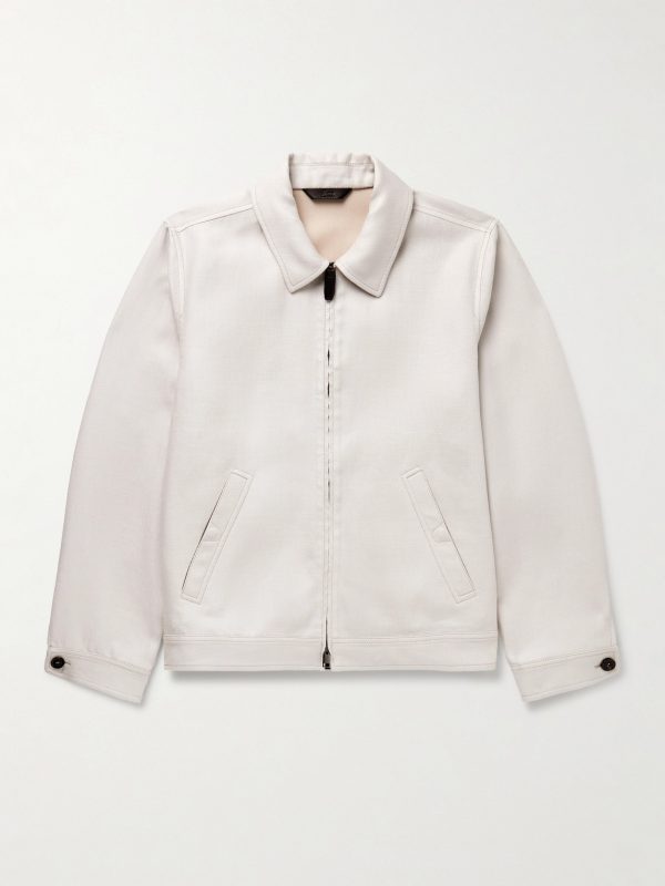Leather-Trimmed Linen-Blend Bomber Jacket