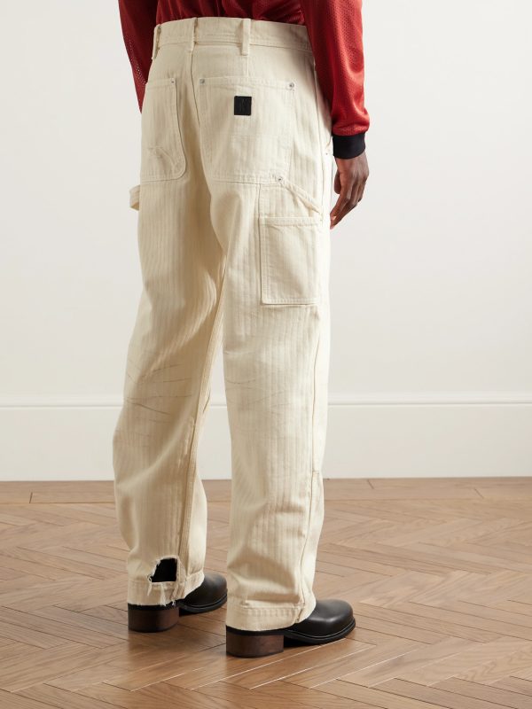 Straight-Leg Distressed Panelled Herringbone Denim Trousers - BK Straight-Leg Distressed Panelled Herringbone Denim Trousers - BK