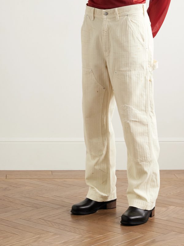 Straight-Leg Distressed Panelled Herringbone Denim Trousers - FR Straight-Leg Distressed Panelled Herringbone Denim Trousers - FR