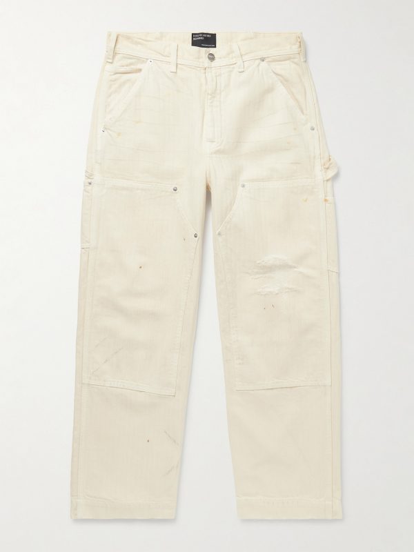 Straight-Leg Distressed Panelled Herringbone Denim Trousers Straight-Leg Distressed Panelled Herringbone Denim Trousers