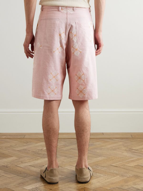Straight-Leg Embroidered Pleated Cotton Shorts - BK Straight-Leg Embroidered Pleated Cotton Shorts - BK