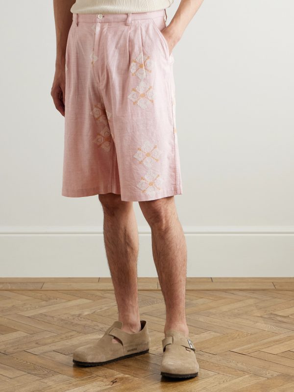 Straight-Leg Embroidered Pleated Cotton Shorts - FR Straight-Leg Embroidered Pleated Cotton Shorts - FR