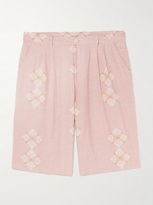 Straight-Leg Embroidered Pleated Cotton Shorts Straight-Leg Embroidered Pleated Cotton Shorts