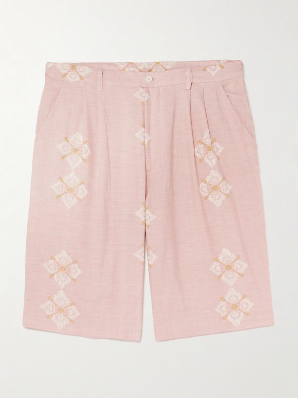 Straight-Leg Embroidered Pleated Cotton Shorts Straight-Leg Embroidered Pleated Cotton Shorts