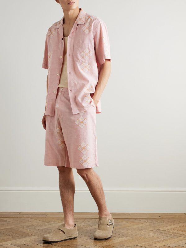 Straight-Leg Embroidered Pleated Cotton Shorts - OU Straight-Leg Embroidered Pleated Cotton Shorts - OU