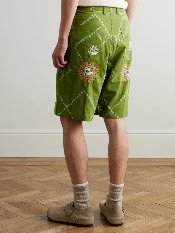 Straight-Leg Embroidered Printed Pleated Cotton Shorts - BK Straight-Leg Embroidered Printed Pleated Cotton Shorts - BK