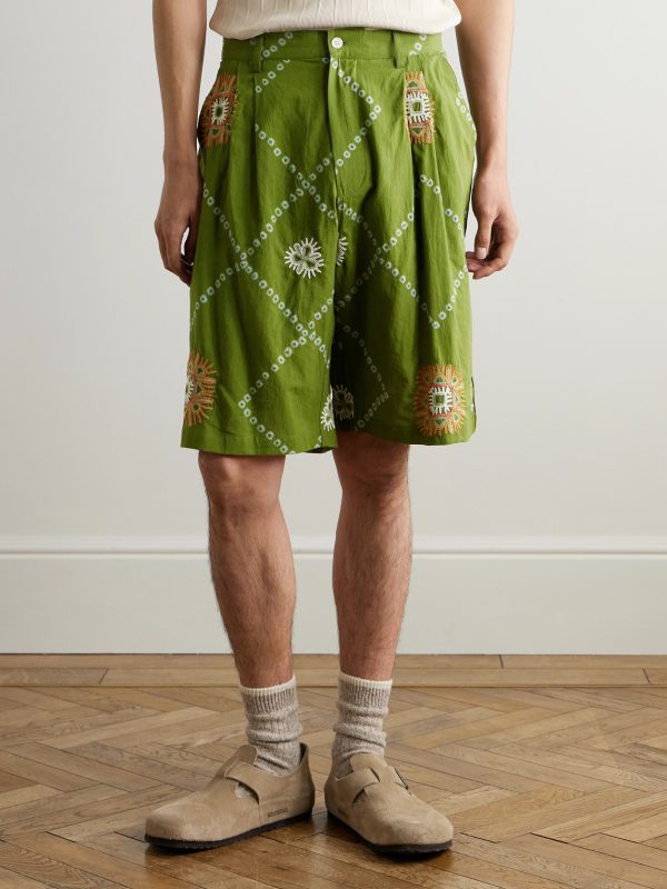Straight-Leg Embroidered Printed Pleated Cotton Shorts - FR Straight-Leg Embroidered Printed Pleated Cotton Shorts - FR
