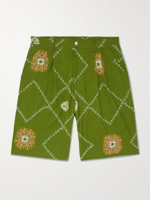 Straight-Leg Embroidered Printed Pleated Cotton Shorts Straight-Leg Embroidered Printed Pleated Cotton Shorts