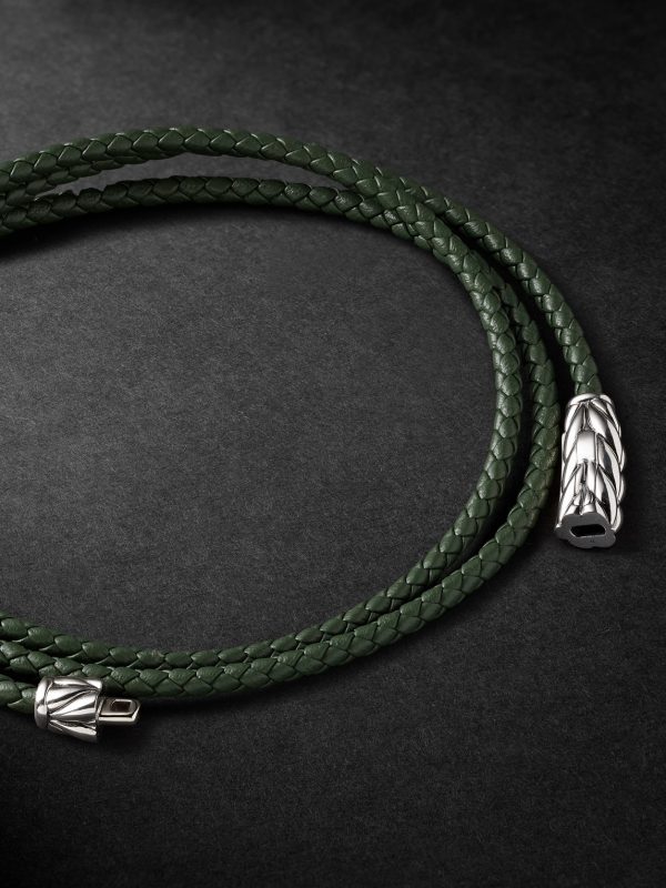 Chevron Braided Leather and Sterling Silver Wrap Bracelet - CU