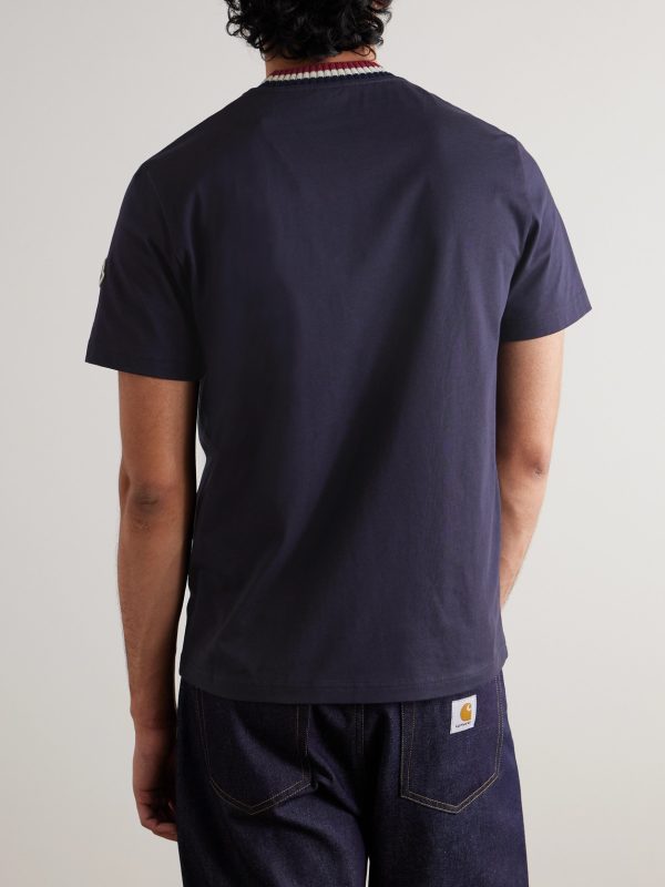 Striped Stretch-Knit Trimmed Logo-Appliquéd Cotton-Jersey T-Shirt - BK Striped Stretch-Knit Trimmed Logo-Appliquéd Cotton-Jersey T-Shirt - BK