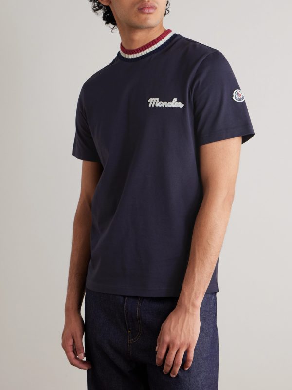 Striped Stretch-Knit Trimmed Logo-Appliquéd Cotton-Jersey T-Shirt - FR Striped Stretch-Knit Trimmed Logo-Appliquéd Cotton-Jersey T-Shirt - FR