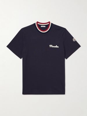 Striped Stretch-Knit Trimmed Logo-Appliquéd Cotton-Jersey T-Shirt Striped Stretch-Knit Trimmed Logo-Appliquéd Cotton-Jersey T-Shirt