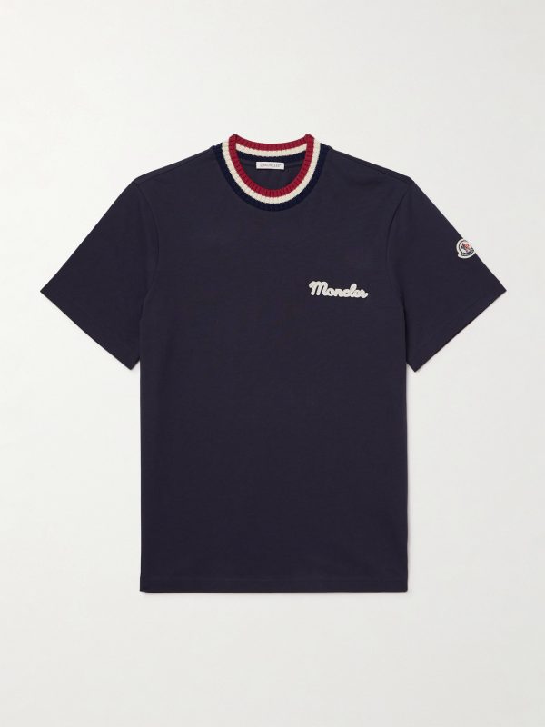 Striped Stretch-Knit Trimmed Logo-Appliquéd Cotton-Jersey T-Shirt Striped Stretch-Knit Trimmed Logo-Appliquéd Cotton-Jersey T-Shirt
