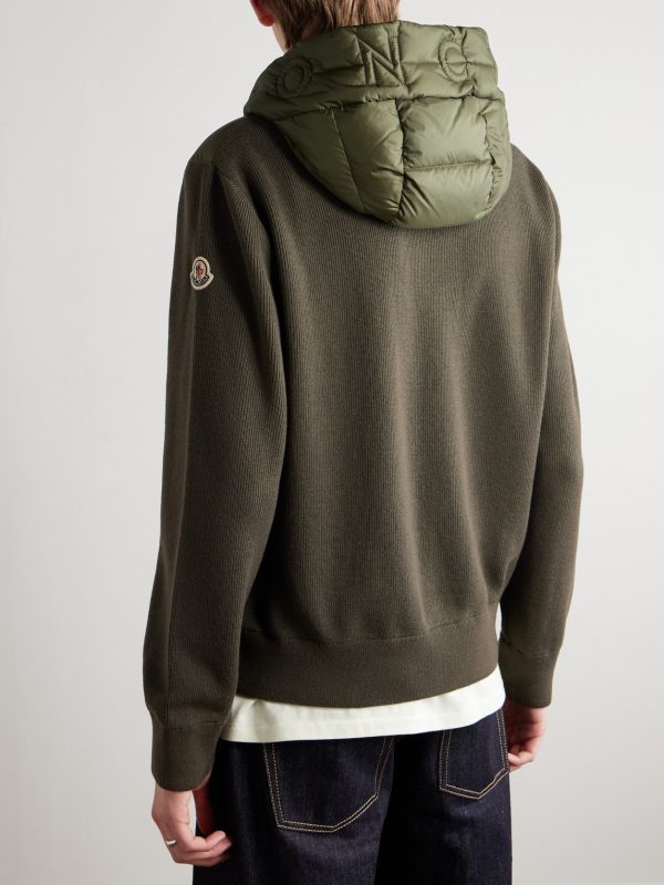Logo-Appliquéd Wool-Trimmed Quilted Shell Hooded Down Zip-Up Cardigan - BK