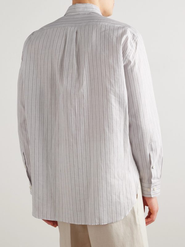 Raffaele Striped Cotton and Linen-Blend Half-Placket Shirt - BK Raffaele Striped Cotton and Linen-Blend Half-Placket Shirt - BK