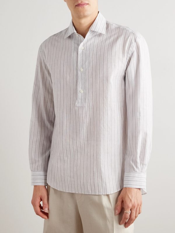 Raffaele Striped Cotton and Linen-Blend Half-Placket Shirt - FR Raffaele Striped Cotton and Linen-Blend Half-Placket Shirt - FR