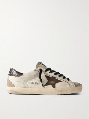 Super-Star Distressed Croc-Effect and Suede-Trimmed Leather Sneakers