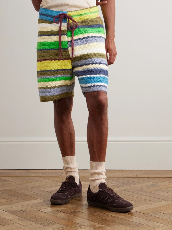 Straight-Leg Striped Crocheted Organic Cotton Drawstring Shorts - FR Straight-Leg Striped Crocheted Organic Cotton Drawstring Shorts - FR