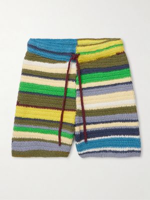 Straight-Leg Striped Crocheted Organic Cotton Drawstring Shorts