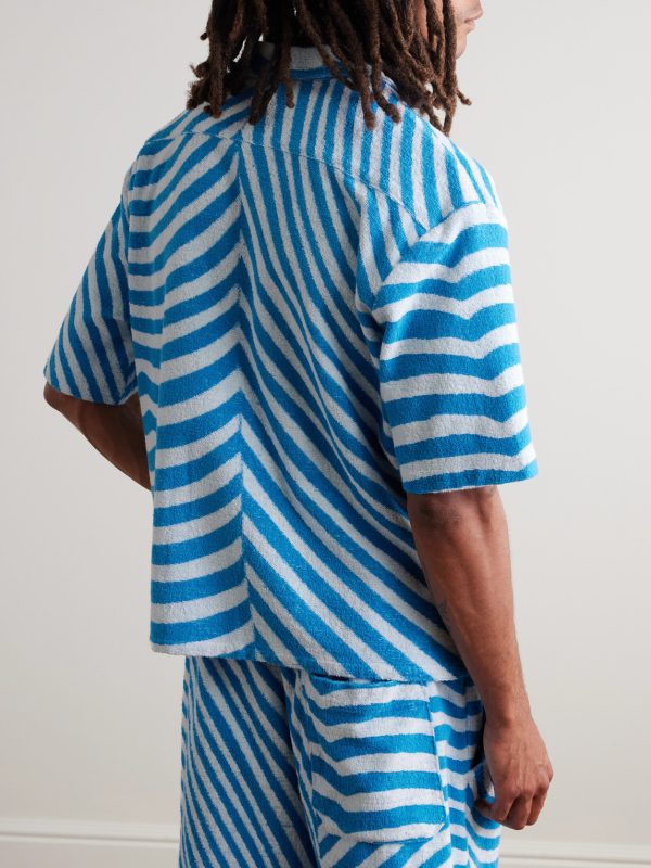 Camp-Collar Embroidered Striped Organic Cotton-Terry Shirt - BK