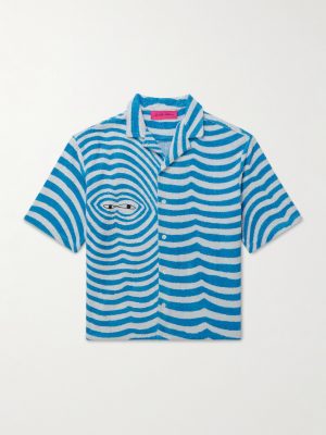 Camp-Collar Embroidered Striped Organic Cotton-Terry Shirt