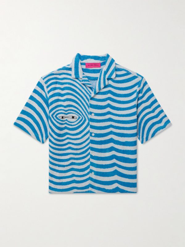 Camp-Collar Embroidered Striped Organic Cotton-Terry Shirt