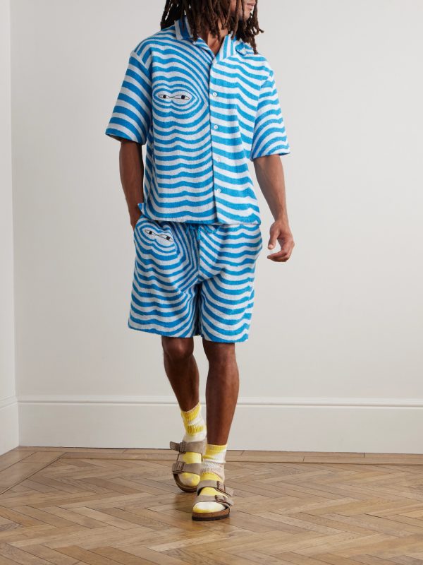Camp-Collar Embroidered Striped Organic Cotton-Terry Shirt - OU