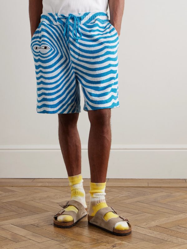 Straight-Leg Embroidered Striped Organic Cotton-Terry Drawstring Shorts - FR Straight-Leg Embroidered Striped Organic Cotton-Terry Drawstring Shorts - FR