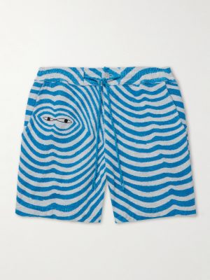 Straight-Leg Embroidered Striped Organic Cotton-Terry Drawstring Shorts