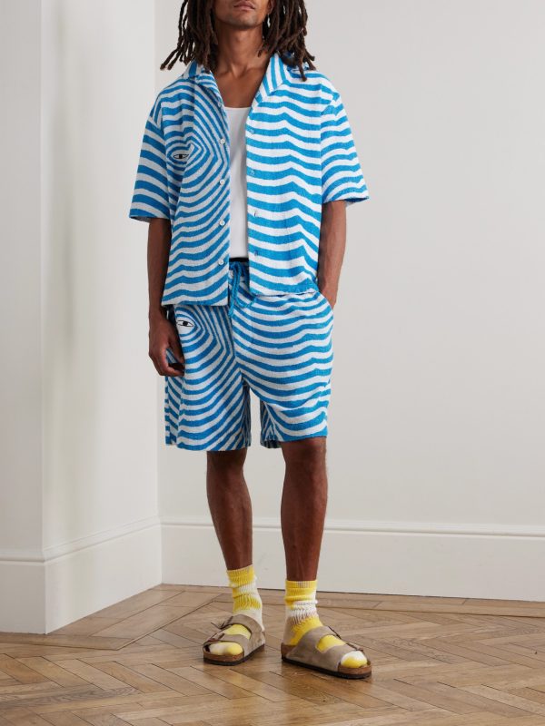 Straight-Leg Embroidered Striped Organic Cotton-Terry Drawstring Shorts - OU Straight-Leg Embroidered Striped Organic Cotton-Terry Drawstring Shorts - OU