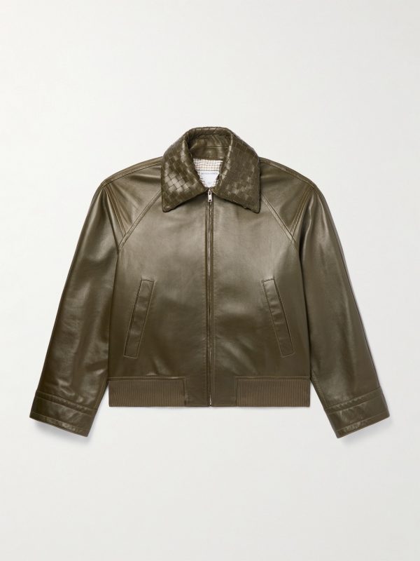 Intrecciato-Trimmed Leather Blouson Jacket
