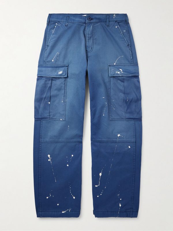 Wide-Leg Distressed Paint-Splattered Cotton-Twill Cargo Trousers Wide-Leg Distressed Paint-Splattered Cotton-Twill Cargo Trousers