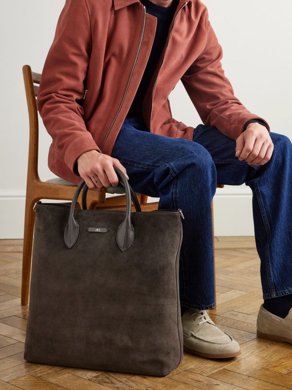 Full Grain Leather-Trimmed Suede Tote - OU Full Grain Leather-Trimmed Suede Tote - OU