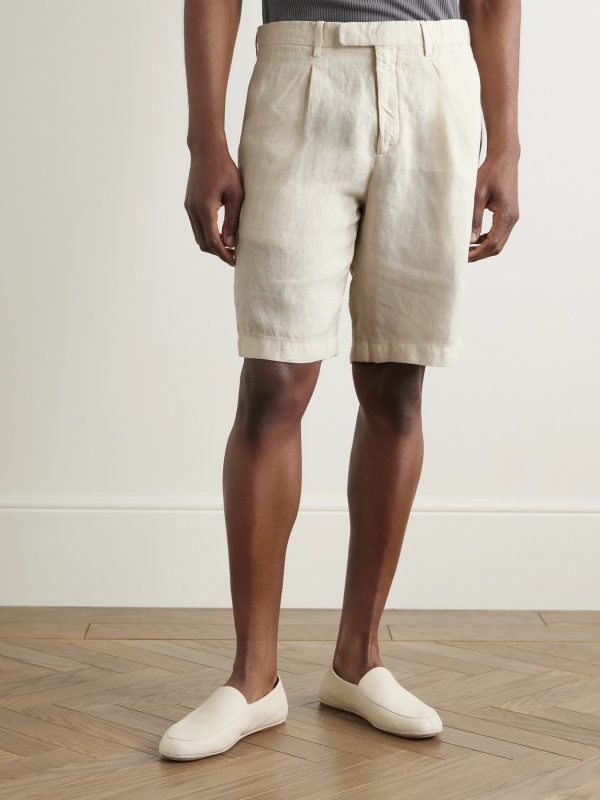 Straight-Leg Pleated Linen Shorts - FR
