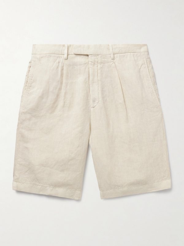 Straight-Leg Pleated Linen Shorts