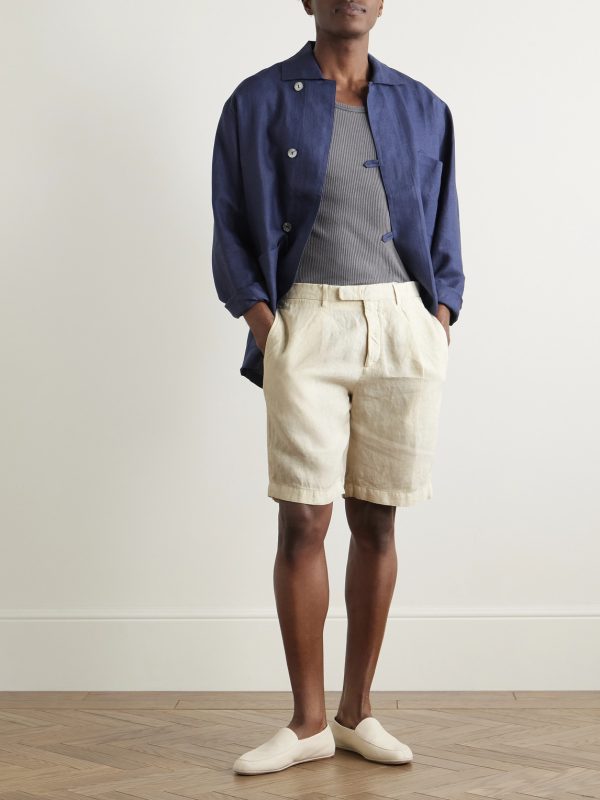 Straight-Leg Pleated Linen Shorts - OU