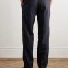Firenze Tapered Pleated Leather-Trimmed Grain de Poudre Wool Trousers - BK Firenze Tapered Pleated Leather-Trimmed Grain de Poudre Wool Trousers - BK