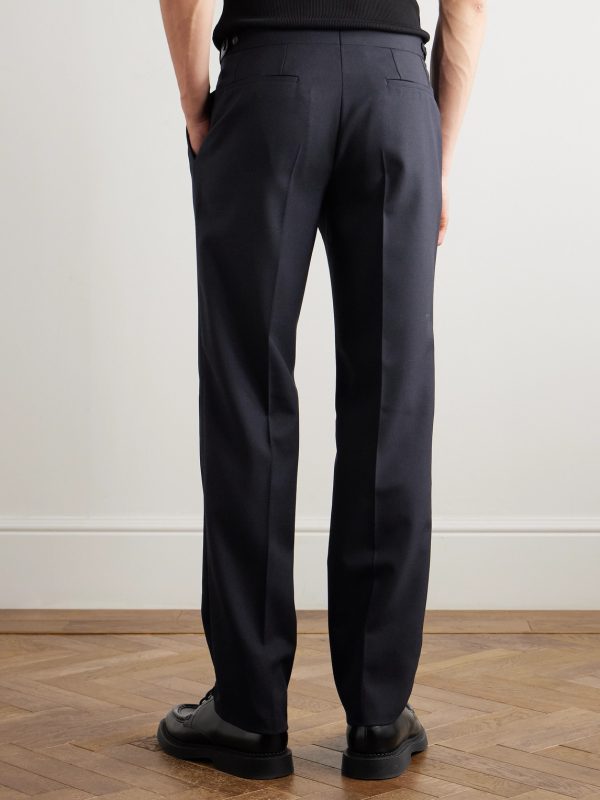 Firenze Tapered Pleated Leather-Trimmed Grain de Poudre Wool Trousers - BK Firenze Tapered Pleated Leather-Trimmed Grain de Poudre Wool Trousers - BK