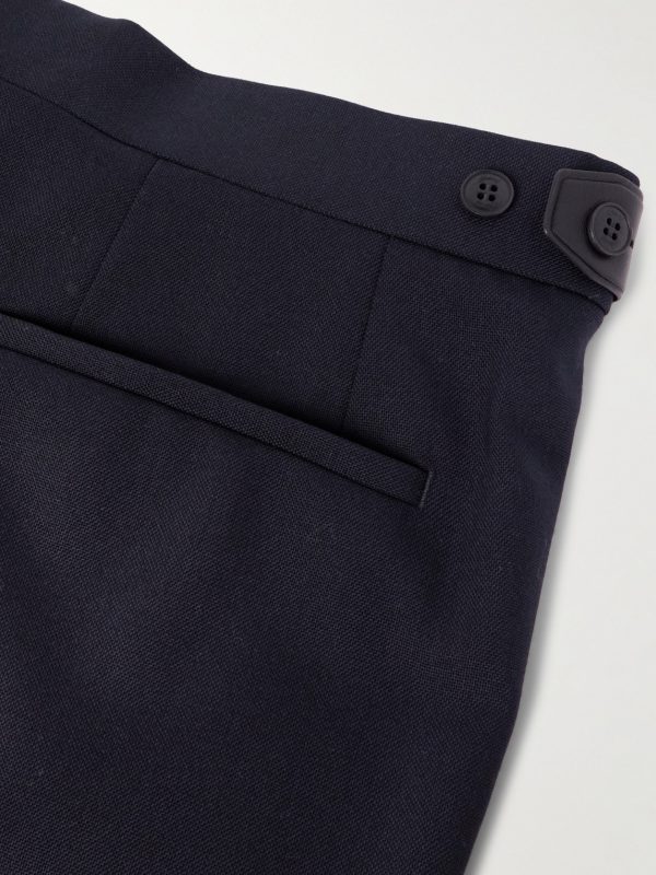 Firenze Tapered Pleated Leather-Trimmed Grain de Poudre Wool Trousers - CU Firenze Tapered Pleated Leather-Trimmed Grain de Poudre Wool Trousers - CU