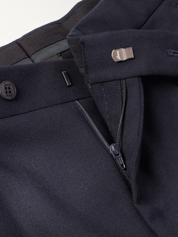 Firenze Tapered Pleated Leather-Trimmed Grain de Poudre Wool Trousers - E1 Firenze Tapered Pleated Leather-Trimmed Grain de Poudre Wool Trousers - E1