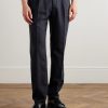 Firenze Tapered Pleated Leather-Trimmed Grain de Poudre Wool Trousers - FR Firenze Tapered Pleated Leather-Trimmed Grain de Poudre Wool Trousers - FR