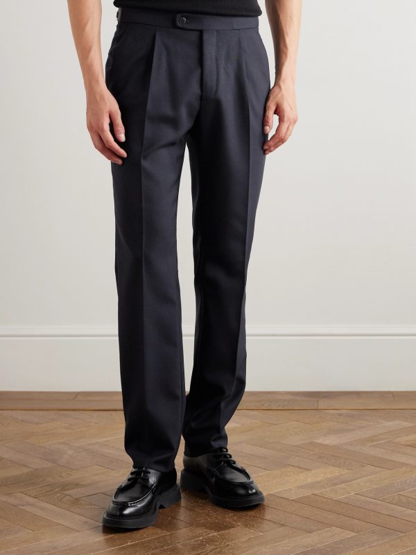 Firenze Tapered Pleated Leather-Trimmed Grain de Poudre Wool Trousers - FR Firenze Tapered Pleated Leather-Trimmed Grain de Poudre Wool Trousers - FR